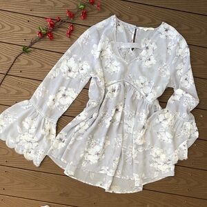 Crescent boho flowy floral sheer bell sleeve top
